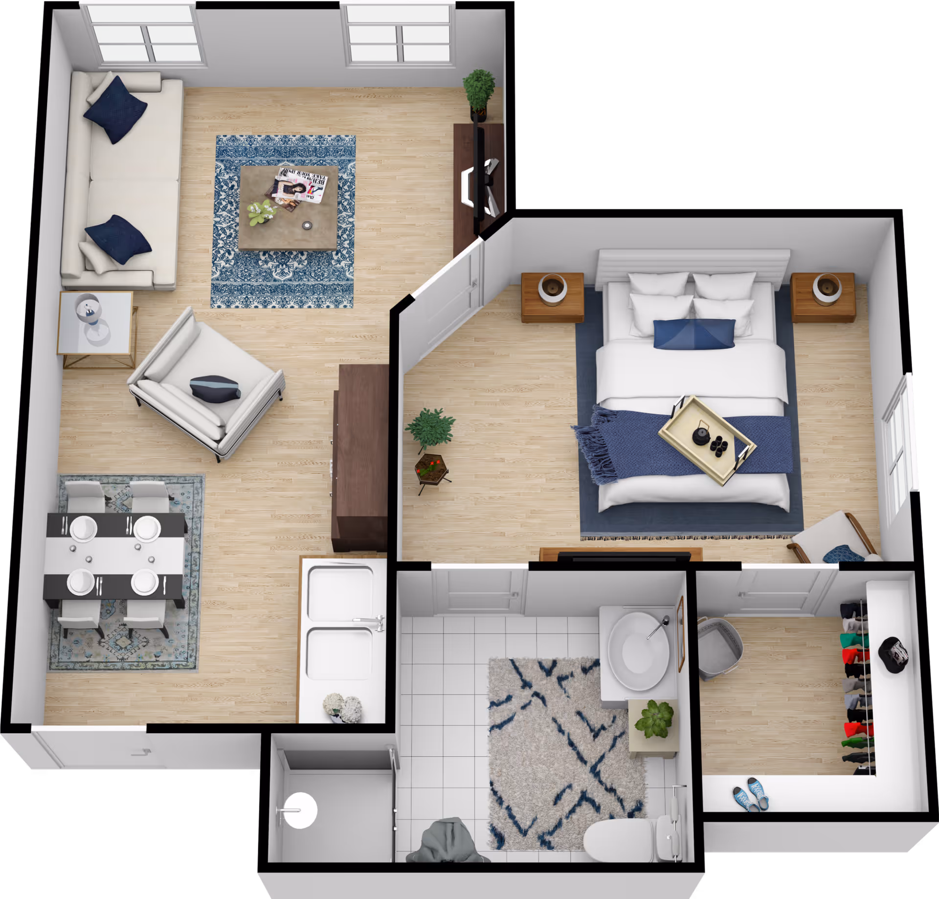 Top-down view of a one-bedroom apartment layout featuring a living room with a sofa, armchair, coffee table, and dining table with four chairs. Adjacent is a bedroom with a bed, two nightstands, and a chair. The apartment also includes a bathroom with a sink, toilet, and shower, and a walk-in closet with hanging clothes and shoes.