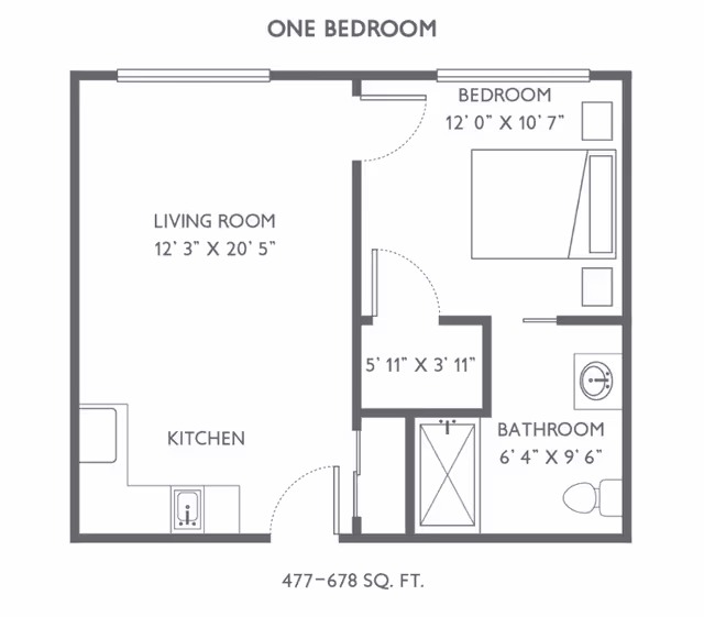 Floor plan diagram of a one-bedroom apartment showing a living room, kitchen, bedroom, bathroom and room dimensions.