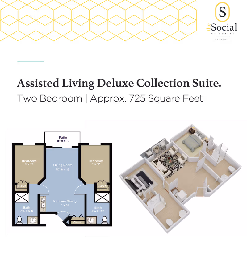 Floor plan and 3D layout of an Assisted Living Deluxe Collection Suite at The Social at Savannah, featuring two bedrooms each measuring 9 by 12 feet, two bathrooms each 7'3" by 9'6", a living room measuring 10'8" by 15 feet, a kitchen/dining area 6 by 14 feet, and a patio 10'8" by 5 feet.