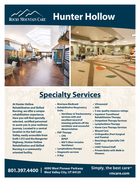 Brochure for Rocky Mountain Care - Hunter Hollow showing two interior images: a spacious common area with wooden floors, seating, and small house-like structures under a skylight, and a rehabilitation room with exercise equipment and a carpet featuring a tree design. The brochure lists specialty services offered, including rehabilitation, skilled nursing, respiratory units, therapy services, and more. Contact information and website are provided at the bottom.