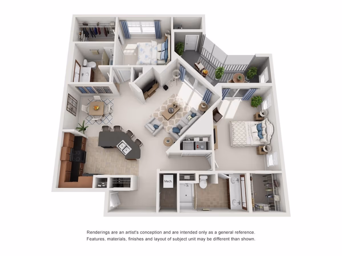 3D floor plan of a two-bedroom apartment featuring a kitchen with an island and bar stools, a dining area with a table and four chairs, a living room with a sofa and armchair, two bedrooms each with a bed and closet, two bathrooms, and a balcony with outdoor seating and plants.
