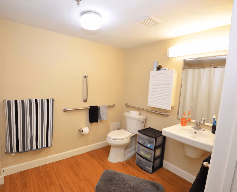 A clean and accessible bathroom with beige walls and wooden flooring. The bathroom features a white toilet with grab bars on the walls around it, a white sink with a mirror above it, and a small storage unit with drawers next to the toilet. There are striped and solid color towels hanging on the wall, and a shower curtain is visible in the background.