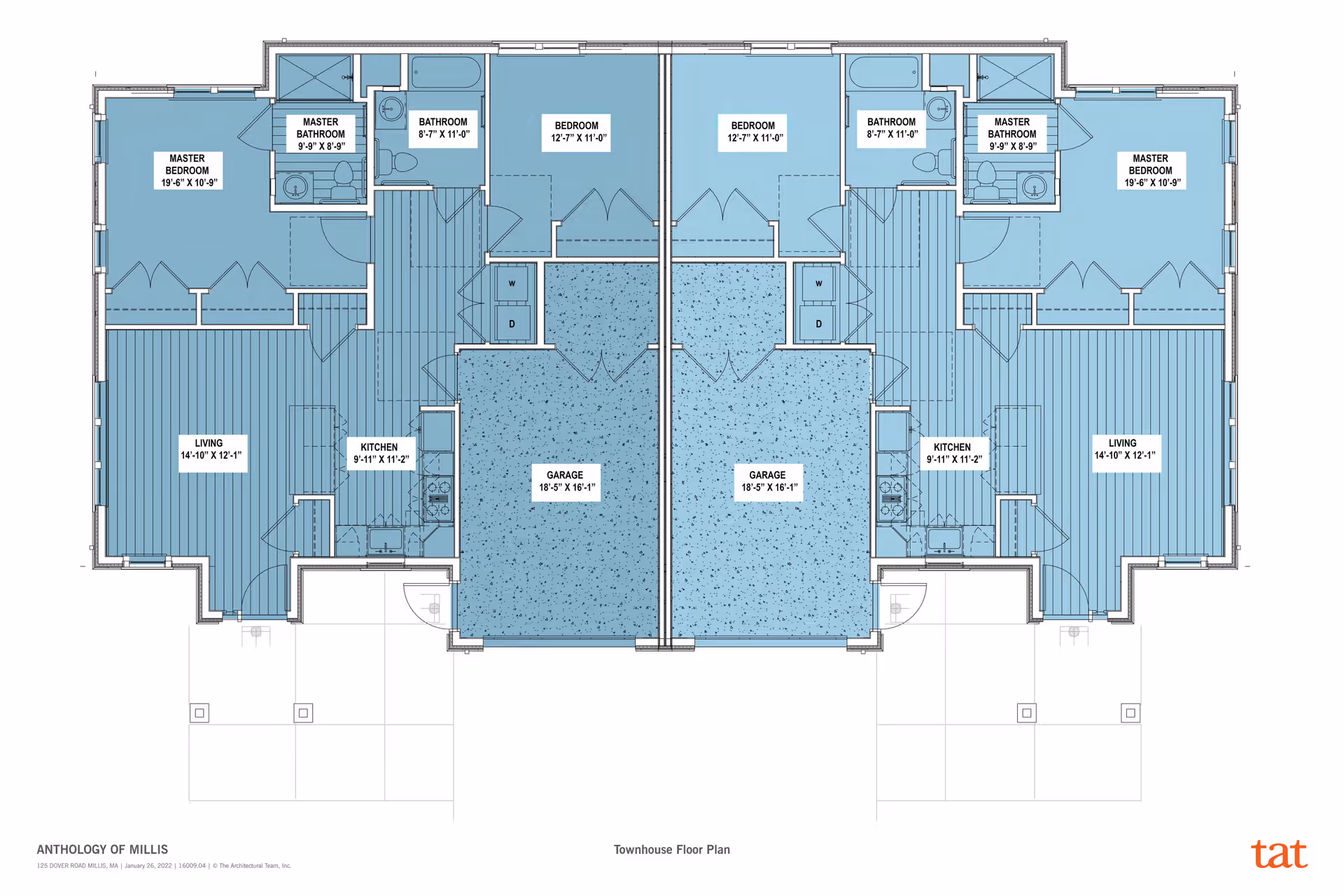 Blue-toned architectural floor plan of two mirrored townhouse units showing labeled rooms (living, kitchen, bedrooms, bathrooms) and garages.