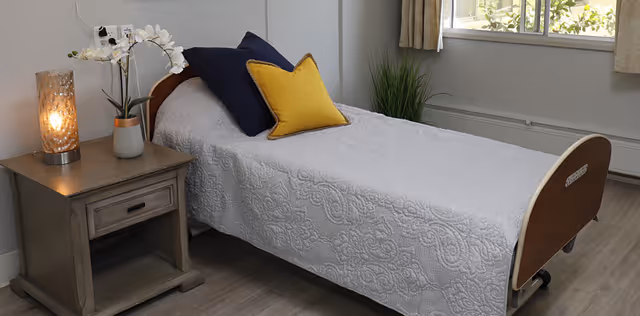 Single neatly made bed with a white quilt and blue and yellow pillows beside a wooden nightstand with a lamp and plant in a bright bedroom.