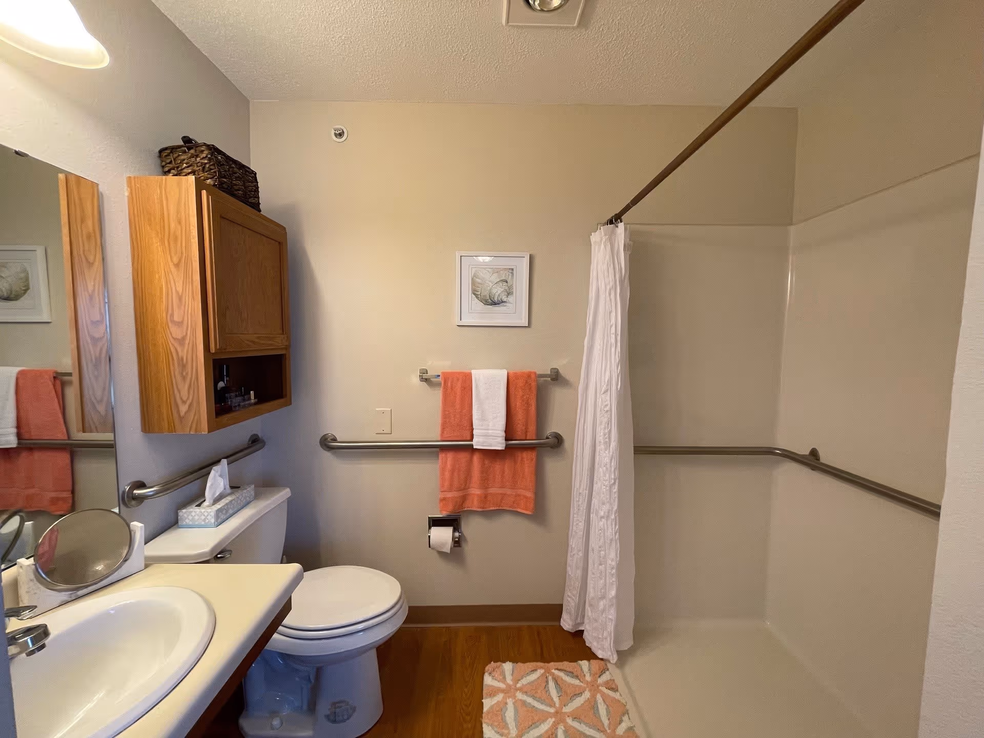 A clean bathroom with a white sink and countertop, a toilet, and a walk-in shower with a white curtain. There are grab bars installed around the toilet and inside the shower for safety. A wooden cabinet is mounted on the wall above the toilet, and a towel rack with coral and white towels is on the wall. A framed picture hangs above the towel rack, and a patterned bath mat is on the wooden floor.