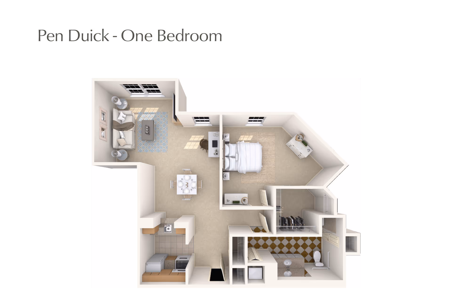 3D floor plan of a one-bedroom apartment named Pen Duick, showing a living room with sofa and coffee table, a dining area with a table and four chairs, a kitchen with appliances, a bedroom with a bed and dresser, a bathroom with a toilet and sink, and a closet area.