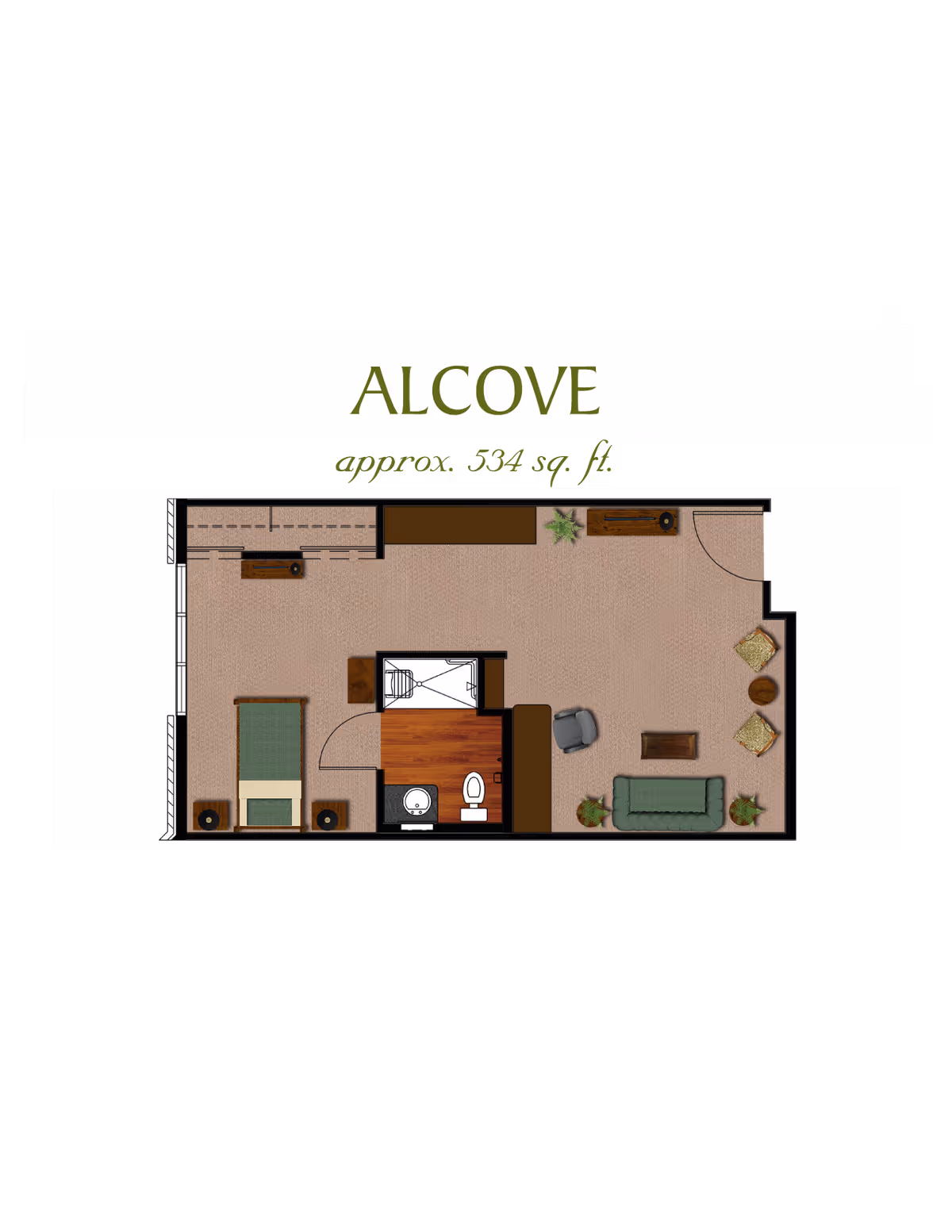 Top-down floor plan labeled 'ALCOVE approx. 534 sq. ft.' showing a studio layout with a bed alcove, central bathroom, sofa and seating area.