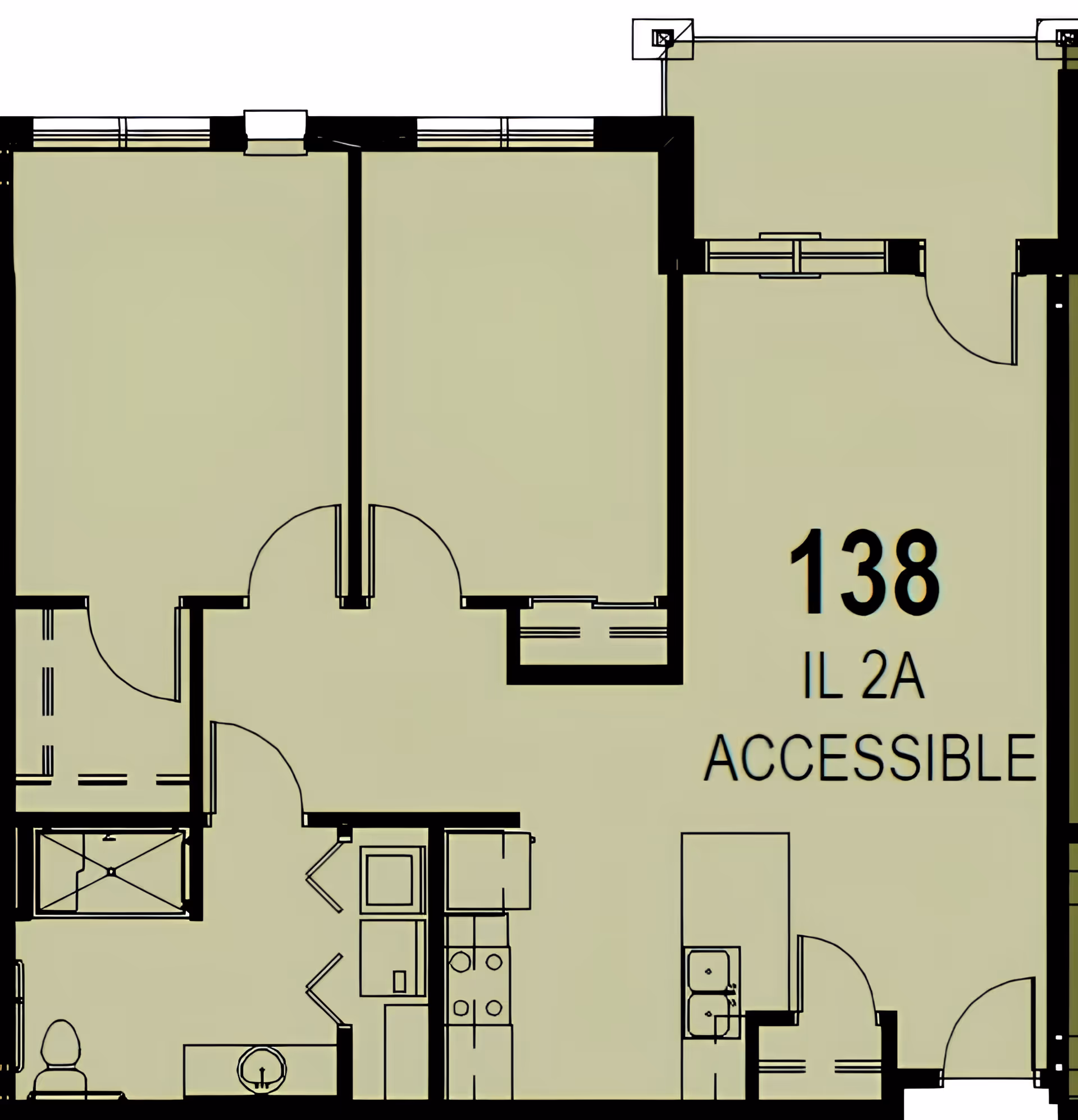 Floor plan layout of an accessible unit 138 IL 2A at Aspire Senior Living Oshkosh, showing rooms including a bathroom with toilet and shower, kitchen area with stove and sink, and multiple other rooms with doors and closets.