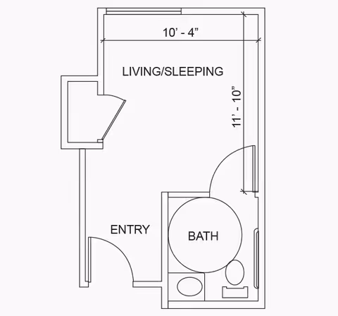 Architectural floor plan of a small senior living unit labeled Camarillo Senior Living, showing an entry area, a combined living and sleeping area measuring 10 feet 4 inches by 11 feet 10 inches, and a bathroom with a toilet, sink, and shower.