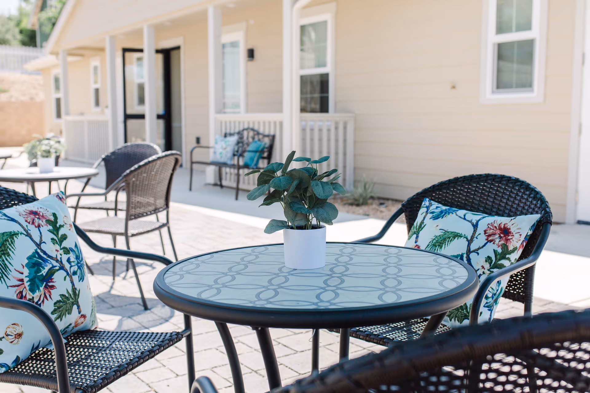 Outdoor patio area with round tables and black wicker chairs, each chair having a floral patterned cushion. A small potted plant is placed on the table in the foreground. The background shows a beige building with windows and a door.