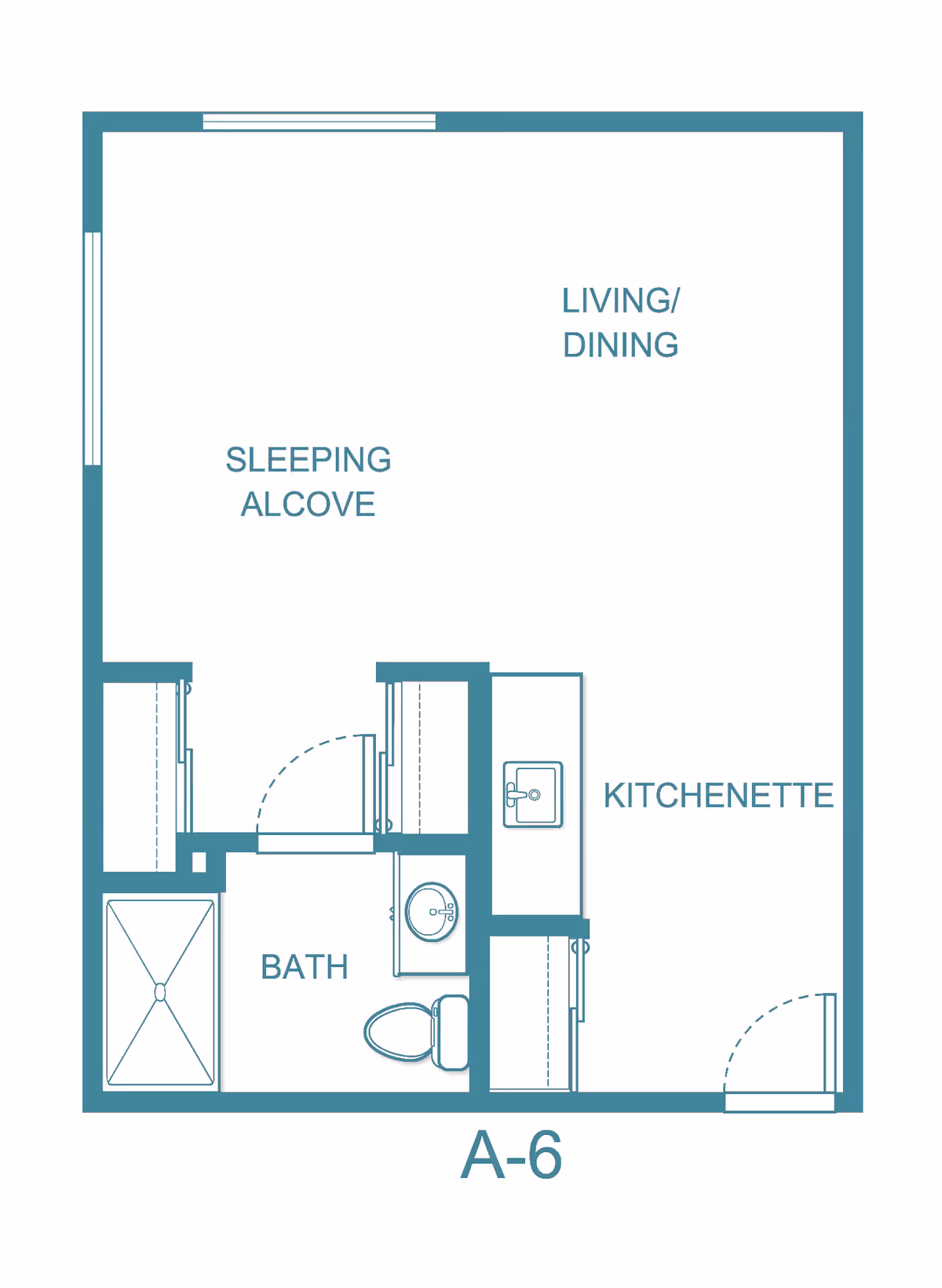 Floor plan of a studio apartment labeled A-6 at The Ivy at Hawaii Kai, showing a sleeping alcove, living/dining area, kitchenette, and a bathroom with a shower, toilet, and sink.