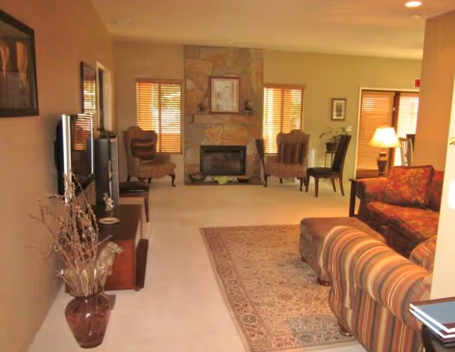 A cozy living room with a stone fireplace centered on the far wall, flanked by two windows with wooden blinds. The room features a patterned area rug, a striped armchair, a floral sofa, two wingback chairs, a TV mounted on the left wall, and a wooden cabinet beneath it. A vase with decorative branches is placed on the floor near the TV cabinet. Soft lighting comes from a table lamp on the right side of the room.