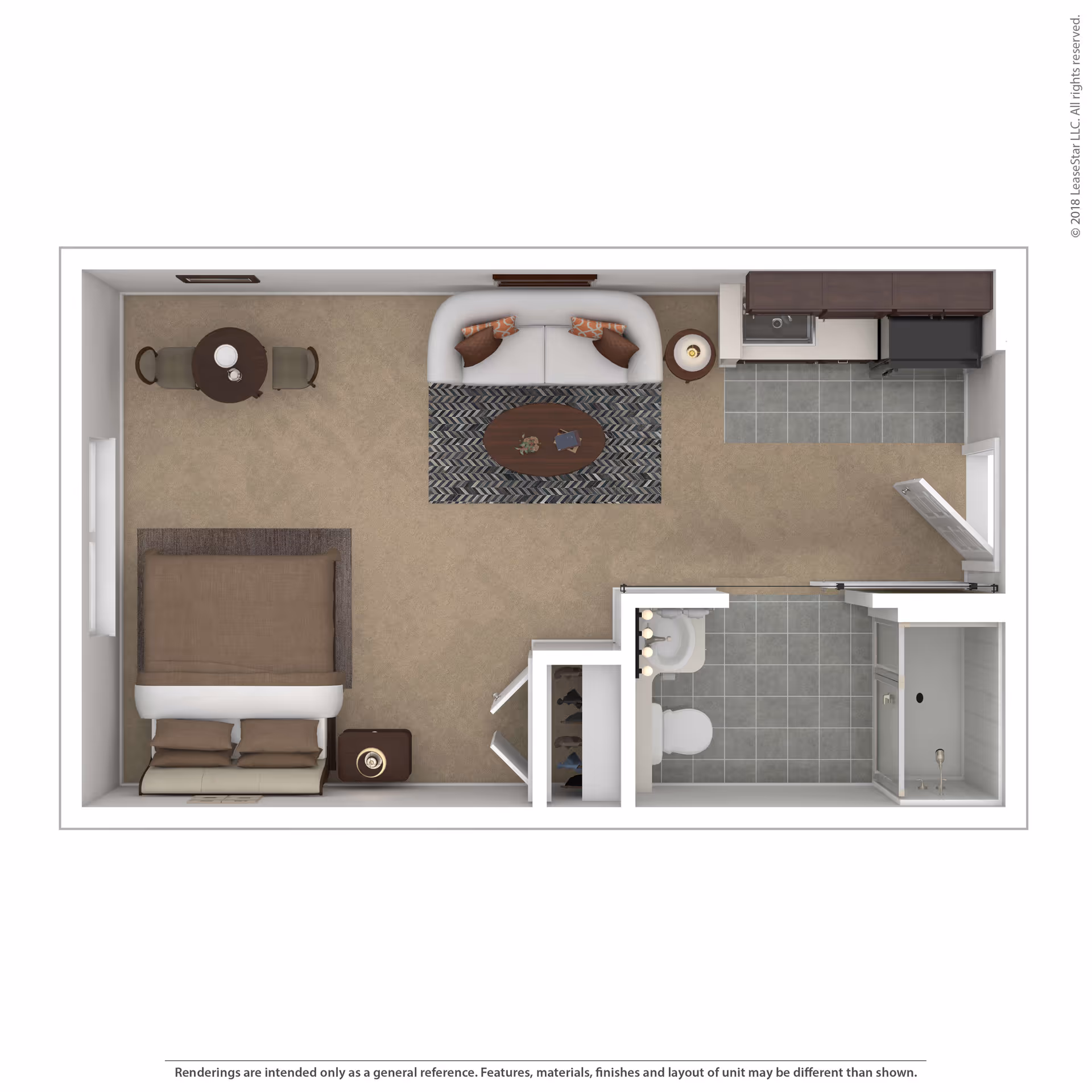 Top-down floor plan of a small apartment unit featuring a combined living and dining area with a sofa, coffee table, round dining table with two chairs, a kitchen with cabinets, sink, and refrigerator, a bedroom area with a bed and nightstand, a closet, and a bathroom with a toilet, sink, and shower.