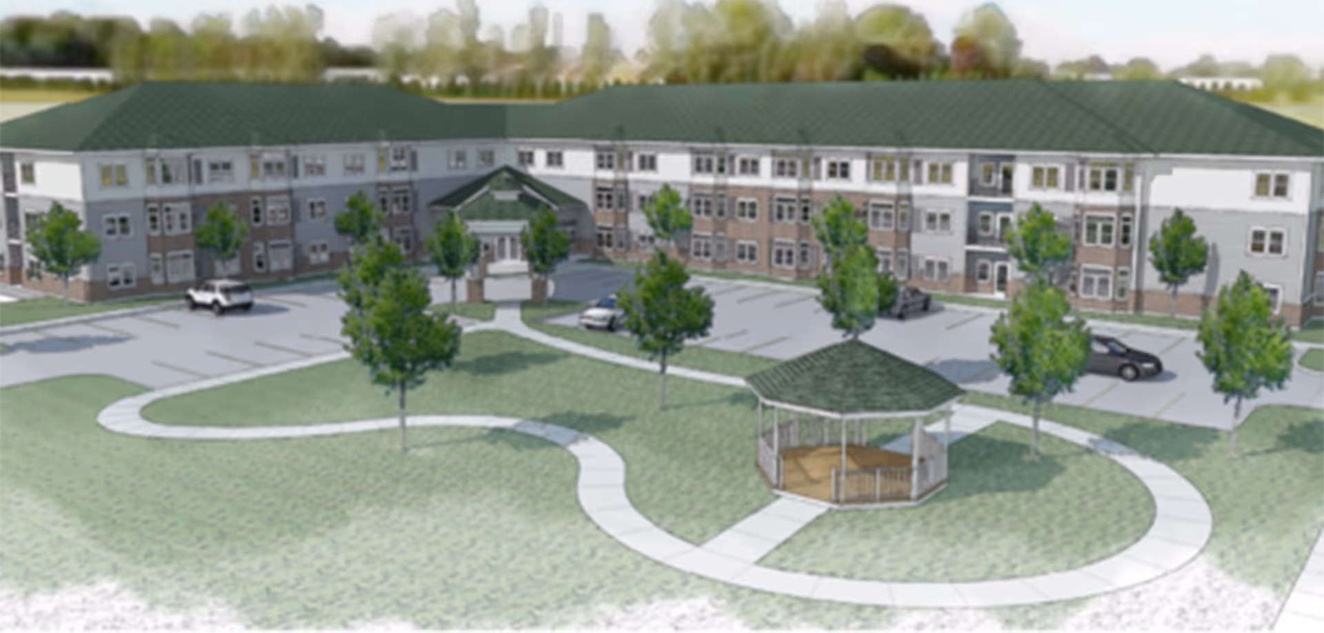 Front exterior view of a three-story senior living building with a gazebo, curved walkways, parking lot, and landscaped trees.