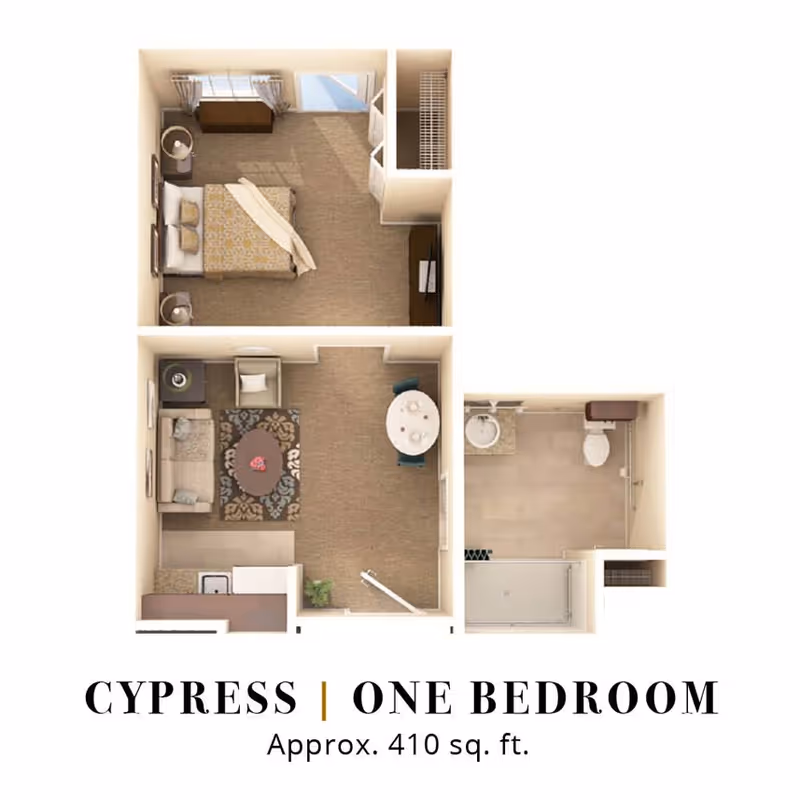 Top-down floor plan rendering of a one-bedroom 'Cypress' apartment showing a bedroom, living/dining area, kitchen, and bathroom (approx. 410 sq. ft.).