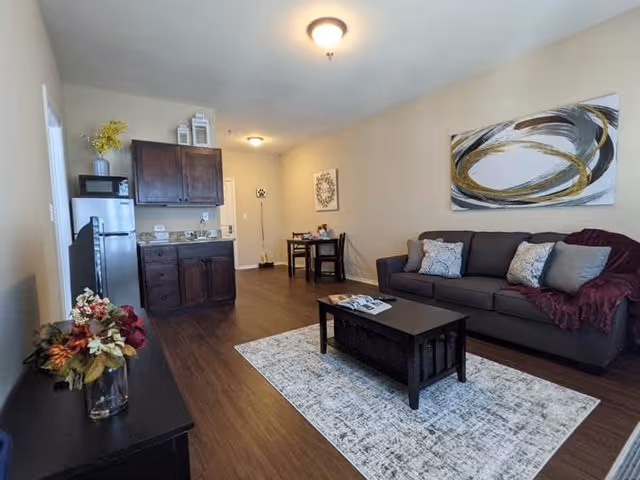 A cozy living room area with a dark gray sofa adorned with pillows and a maroon throw blanket. A rectangular coffee table sits on a light-colored rug in front of the sofa. On the left side, there is a TV on a stand with a vase of flowers. The room has wooden flooring and beige walls, with abstract artwork hanging above the sofa. In the background, there is a small dining table with two chairs and a kitchenette area with dark wooden cabinets and a small refrigerator.