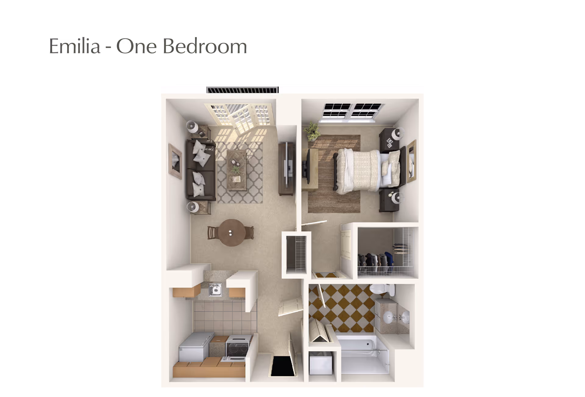Floor plan of a one-bedroom apartment named Emilia, showing a living room with sofa, coffee table, and TV, a dining area with a round table and two chairs, a kitchen with appliances, a bedroom with a bed, nightstands, and a dresser, a bathroom with a bathtub, toilet, and sink, and a closet.