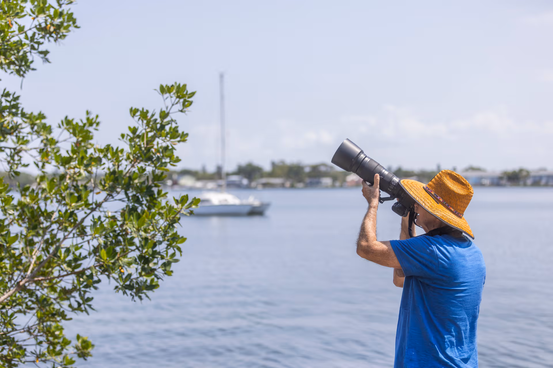 A man wearing a blue shirt and a wide-brimmed straw hat is standing near a body of water, holding a large camera with a telephoto lens aimed towards the sky. There are green leafy branches on the left side and a sailboat on the water in the background under a partly cloudy sky.