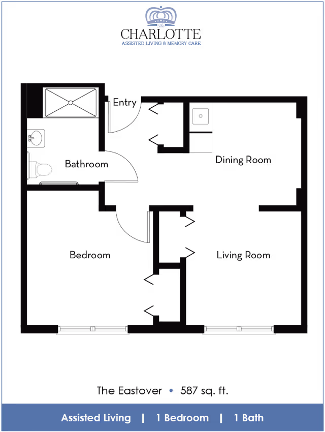 Blueprint-style floor plan for The Charlotte assisted living showing a one-bedroom, one-bath unit with logo and summary bar.