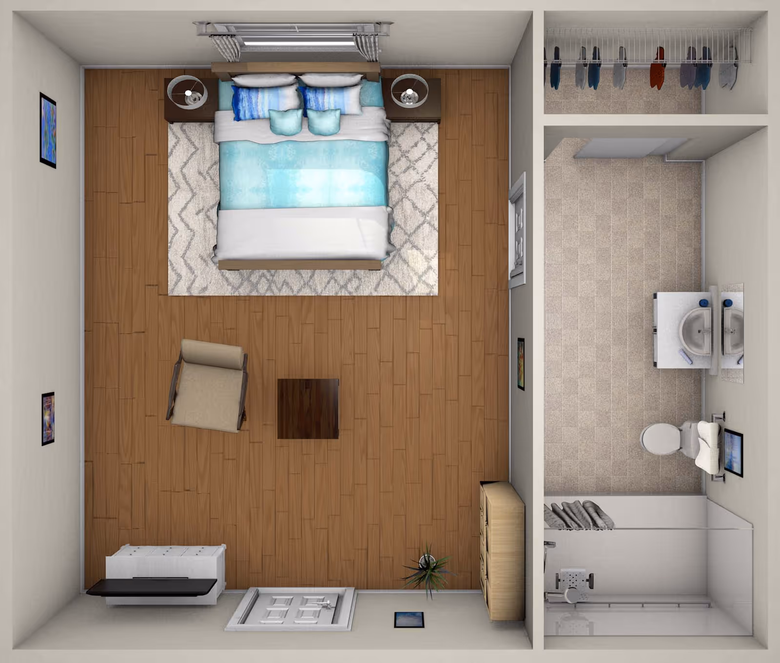 Top-down view of a small living space with a bedroom and bathroom. The bedroom has a bed with blue and white bedding, two nightstands with lamps, a chair, a small table, a dresser, and a TV stand. The bathroom includes a toilet, a double sink vanity, a shower with a glass door, and a closet with hanging clothes.