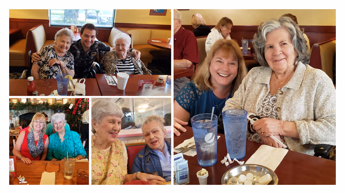 A collage of senior residents and caregivers smiling together while seated at restaurant-style dining tables.