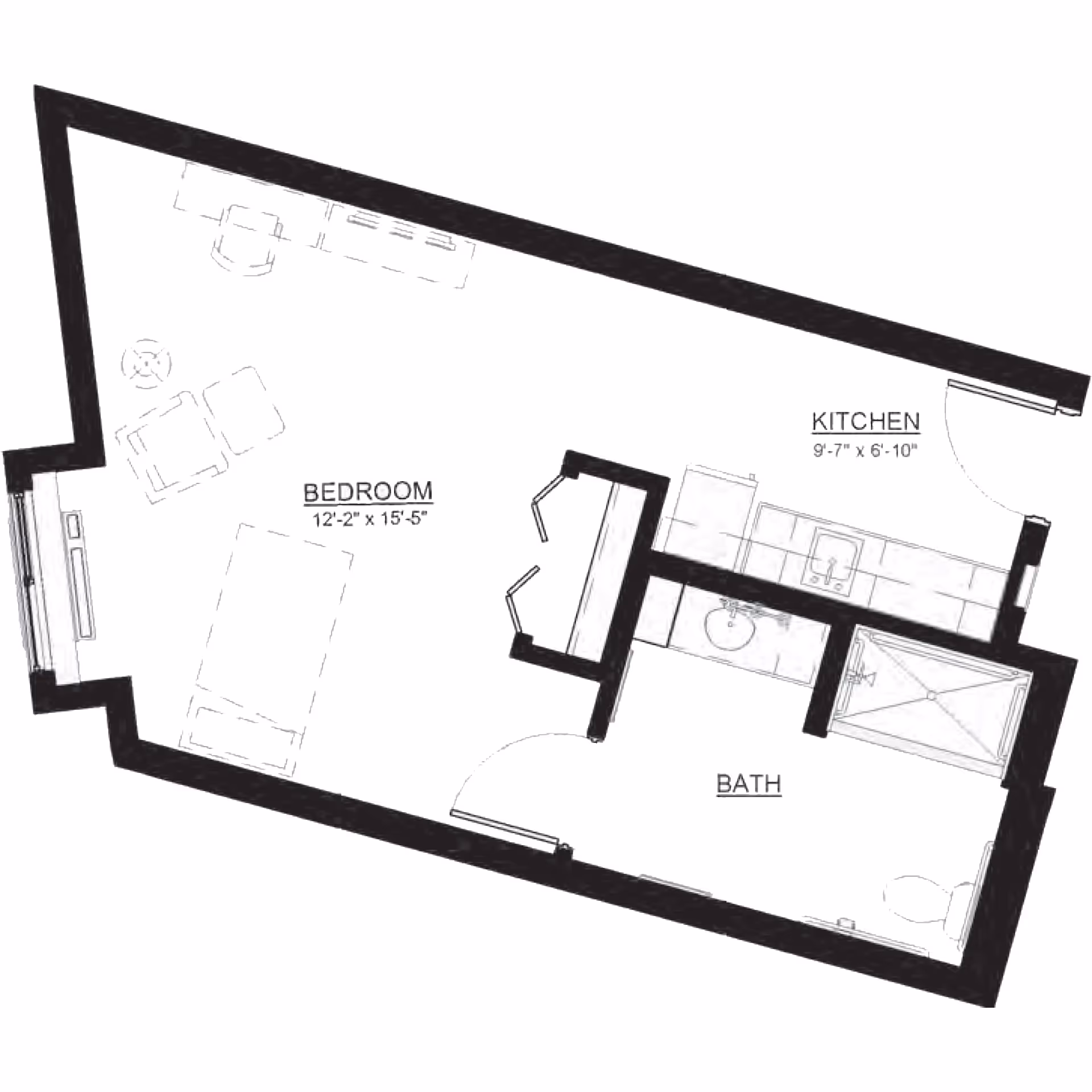 Floor plan layout showing a bedroom measuring 12 feet 2 inches by 15 feet 5 inches, a kitchen measuring 9 feet 7 inches by 6 feet 10 inches, and a bathroom with a sink, shower, and toilet.