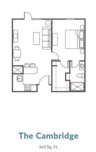 Floor plan of The Cambridge apartment at Carriage Inn at Bryan, showing a 563 square feet layout with a bedroom, bathroom, kitchen, dining area, and living room.