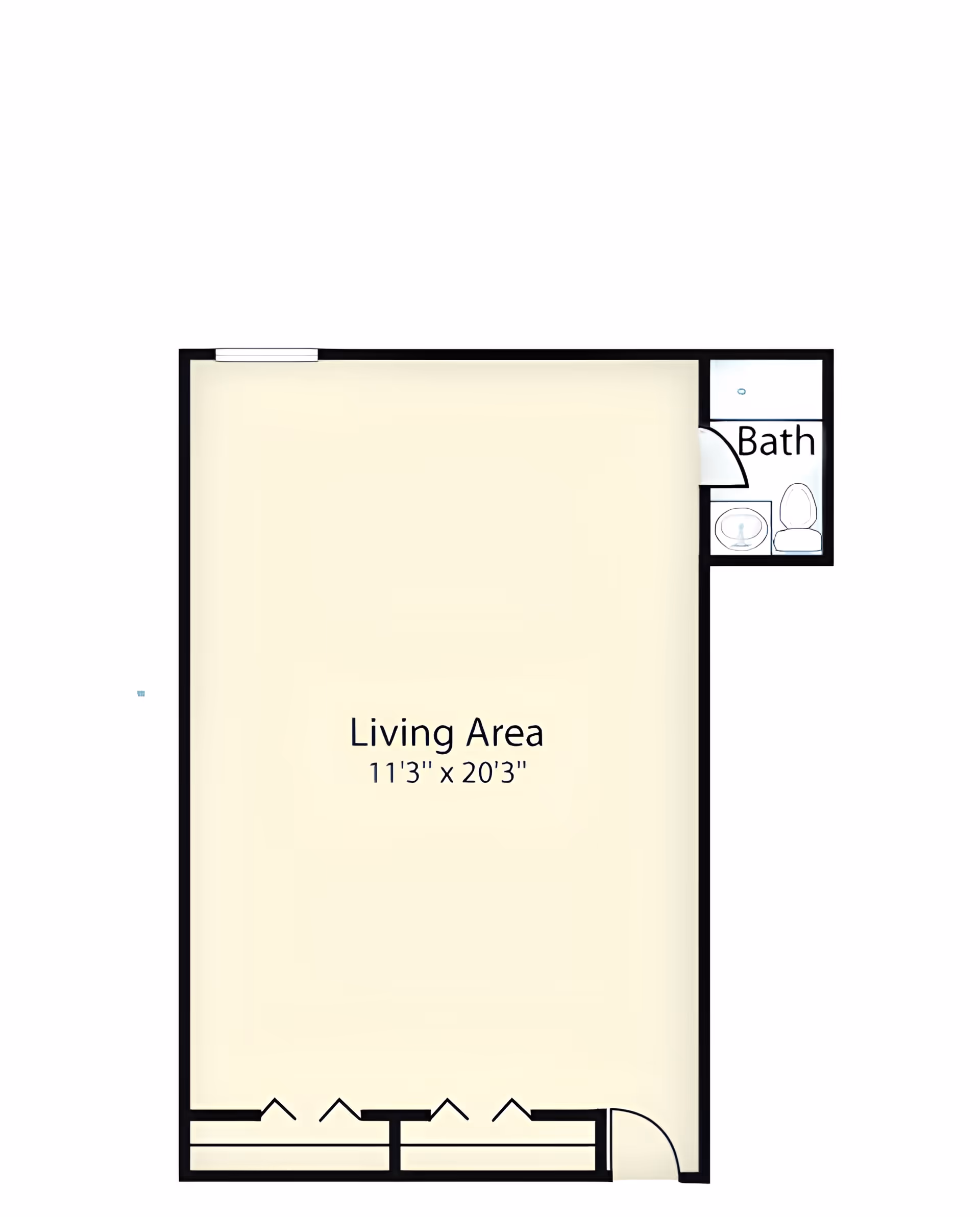Floor plan of a living area measuring 11 feet 3 inches by 20 feet 3 inches with an attached bathroom that includes a sink, toilet, and shower.