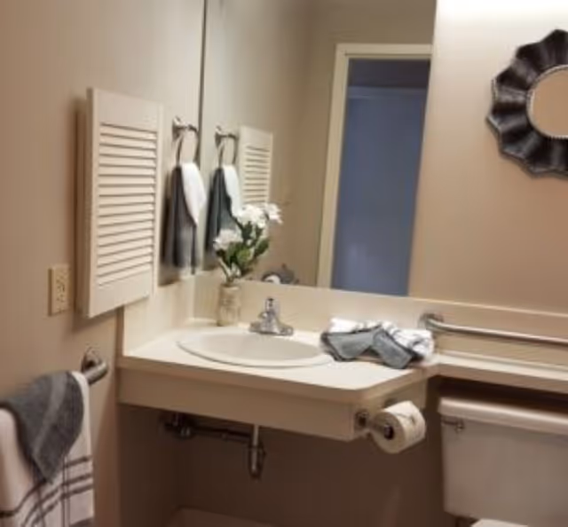 Accessible bathroom with a sink and vanity, mirror, towel racks, grab bar, and a toilet.