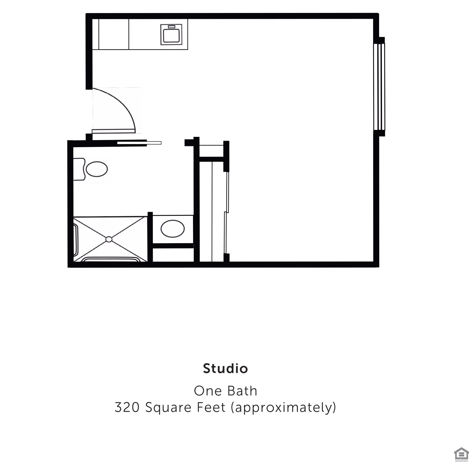 Floor plan of a studio apartment with one bathroom, approximately 320 square feet. The layout includes a bathroom with a toilet, sink, and shower, a kitchen area with a stove, and an open living/sleeping space.
