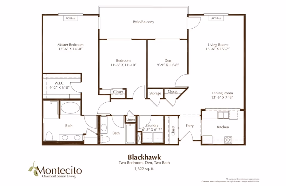 Floor plan of the Blackhawk apartment at Oakmont of Montecito showing two bedrooms, a den, two bathrooms, a living room, dining room, kitchen, laundry area, storage, closets, and a patio/balcony. The master bedroom includes a walk-in closet and an attached bathroom.