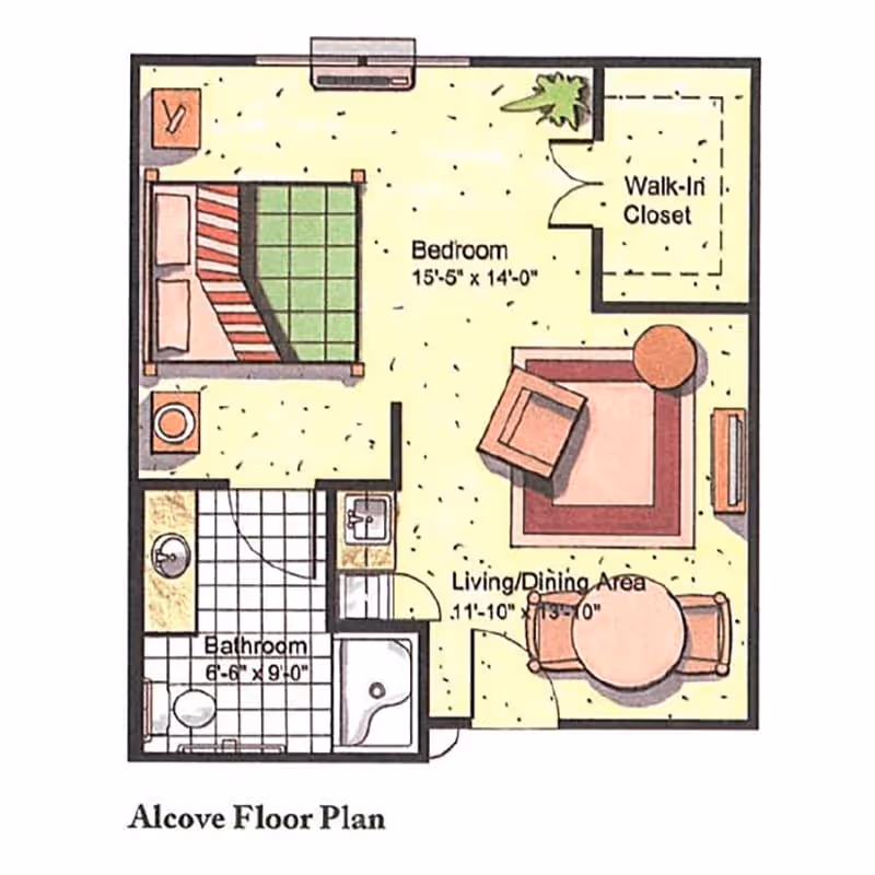 Floor plan of an alcove apartment showing a bedroom with a bed and nightstand, a walk-in closet, a living/dining area with a chair, table, and TV, and a bathroom with a sink, toilet, and shower.