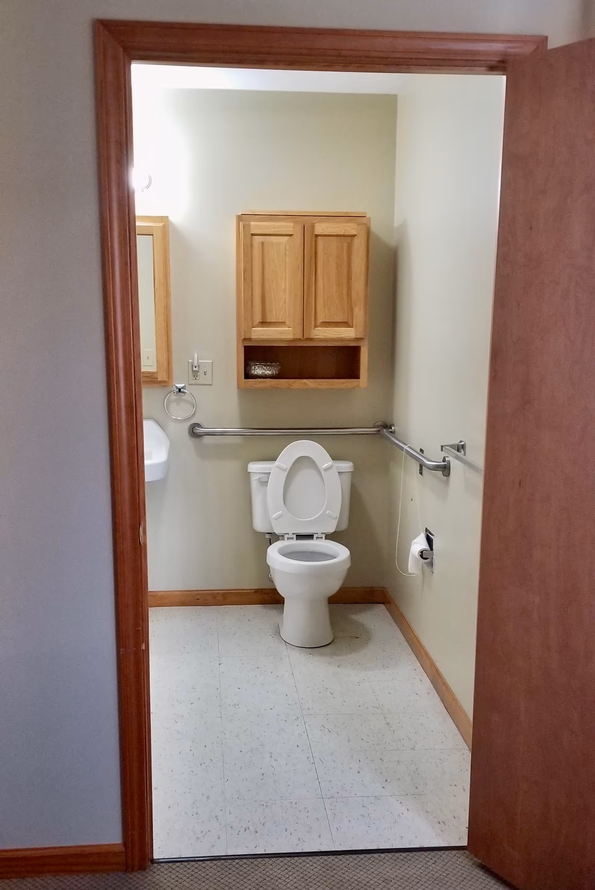 View into a small bathroom with a white toilet with the seat up, a wooden cabinet mounted on the wall above the toilet, a small sink partially visible on the left, beige walls, and grab bars installed on the walls around the toilet for accessibility.