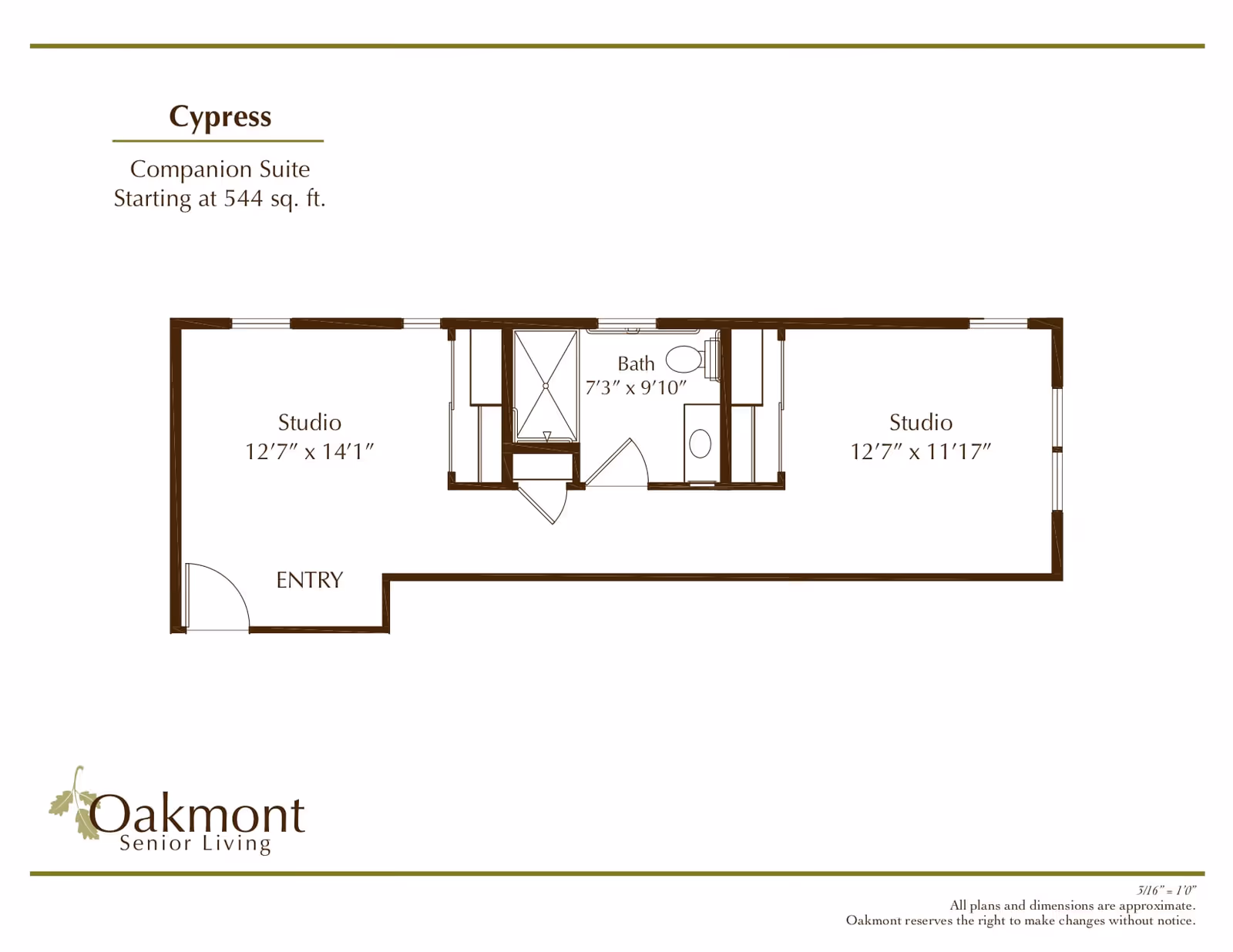 Floor plan of the Cypress companion suite at Oakmont Senior Living, showing two studio rooms measuring 12'7" x 14'1" and 12'7" x 11'17", with a shared bathroom measuring 7'3" x 9'10" in between. The entry is located near the left studio.