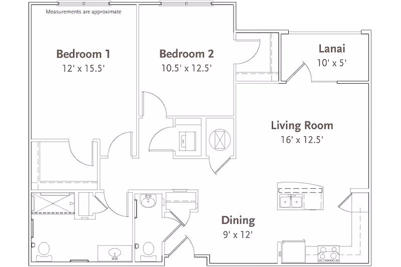 Floor plan of a residential unit at Sandalwood Village showing two bedrooms, a living room, dining area, kitchen, two bathrooms, and a lanai. Dimensions for each room are indicated.