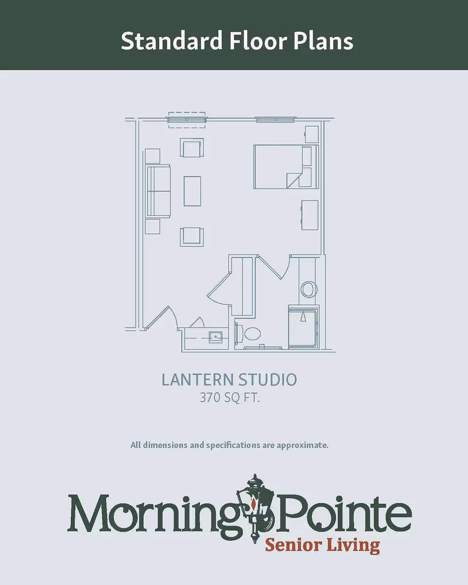 Floor plan layout of a Lantern Studio apartment with 370 square feet, showing a combined living and sleeping area with a bed, sofa, chairs, a bathroom with a shower, and a small entry area with a closet.