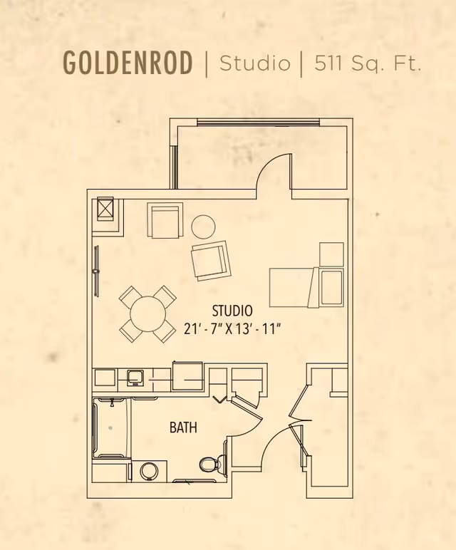 Floor plan of a studio apartment named Goldenrod with 511 square feet, showing a combined living and sleeping area with furniture layout, a kitchen area, and a bathroom.