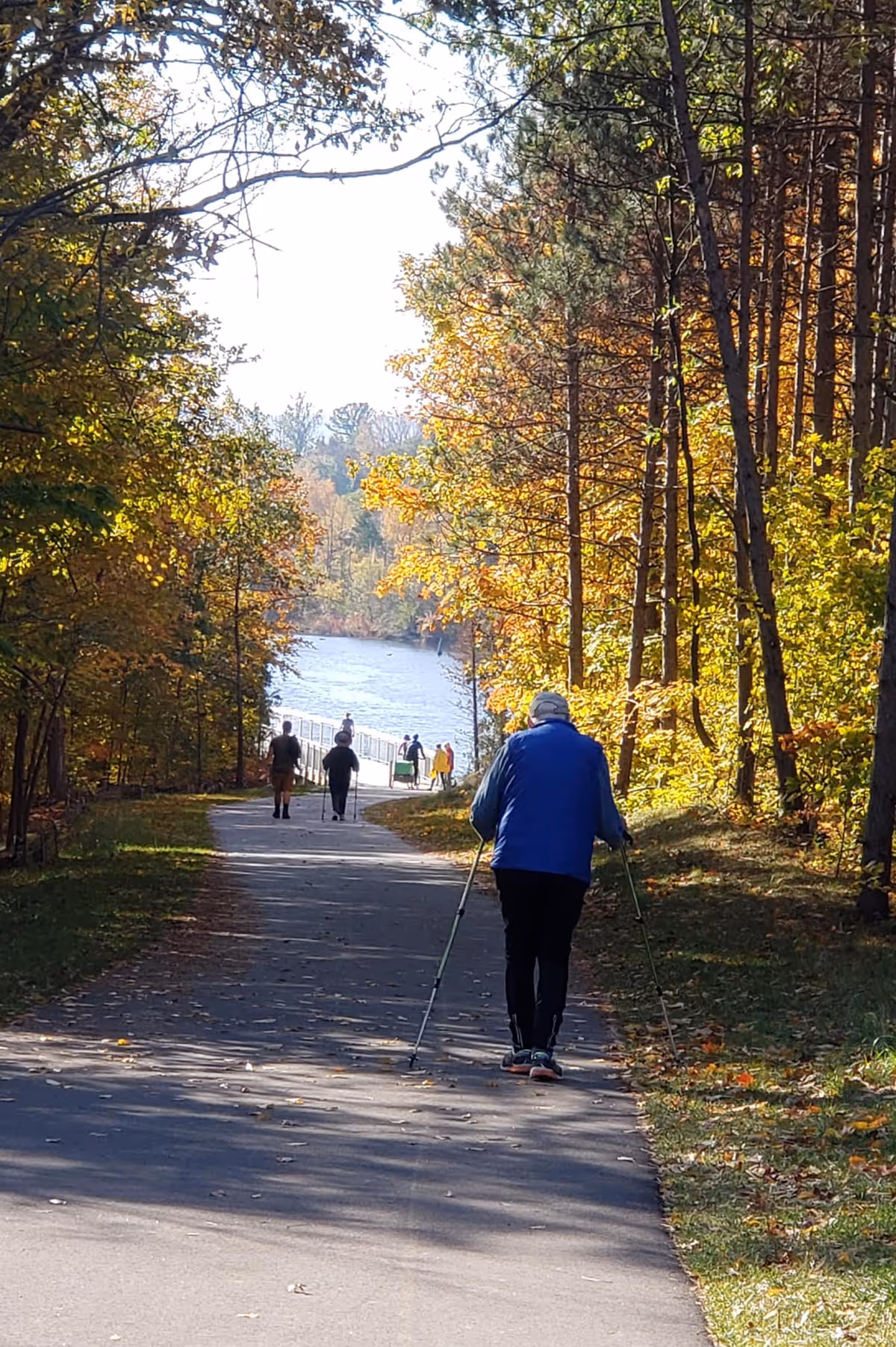 A paved walking path surrounded by trees with autumn foliage. Several people are walking along the path, including one person in the foreground using walking poles. In the distance, there is a body of water visible through the trees.