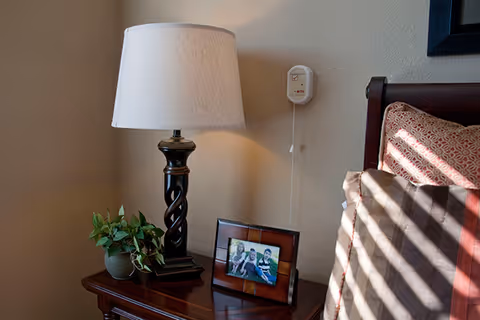 Nightstand with a table lamp, potted plant, framed family photo next to a bed and a wall-mounted emergency call button.