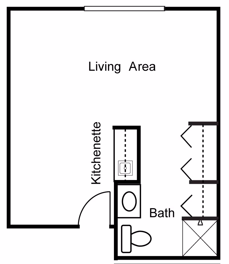 Black-and-white floor plan of a studio-style unit showing a living area, kitchenette, and bathroom.