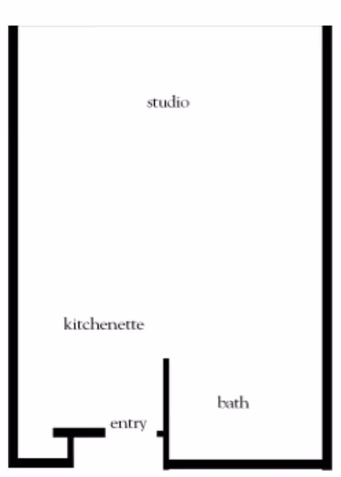 Floor plan layout of a studio apartment showing areas labeled studio, kitchenette, entry, and bath.