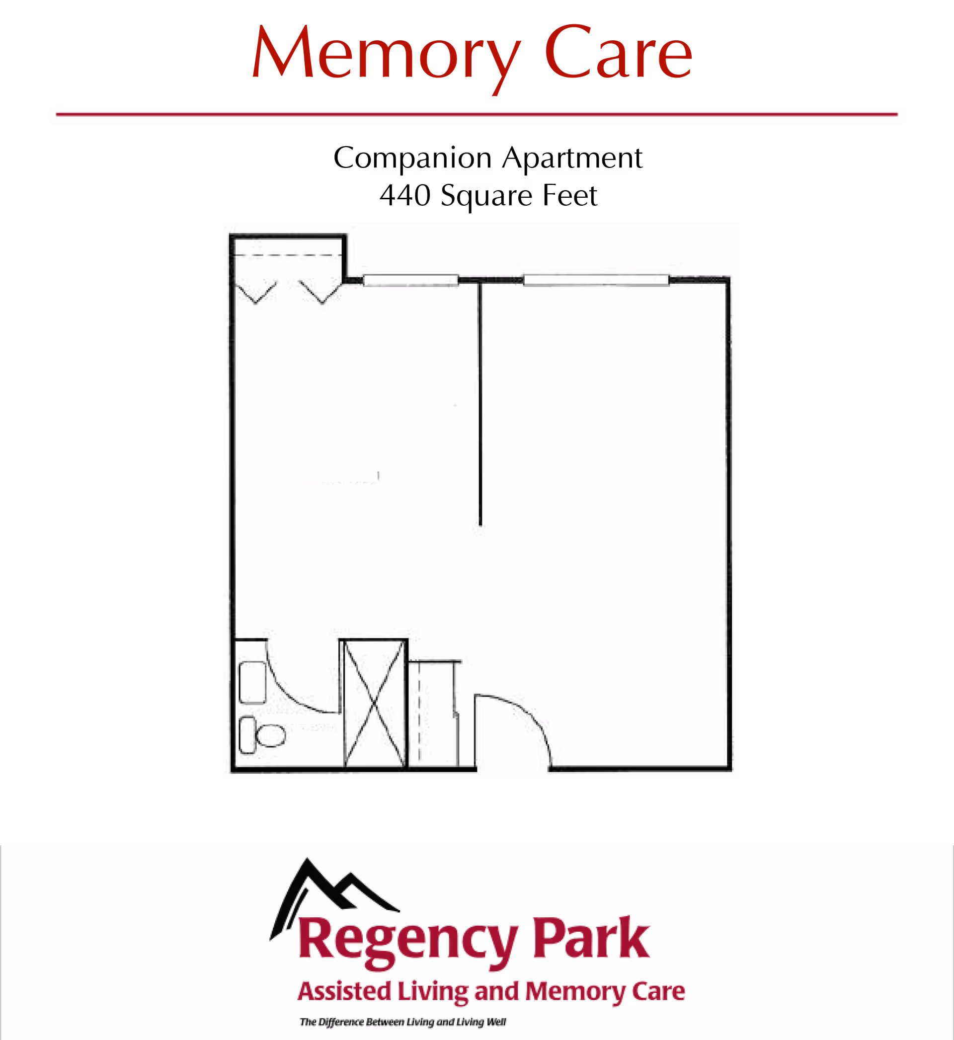 Floor plan layout for a memory care unit showing a room with a bathroom, closet, and entrance door.