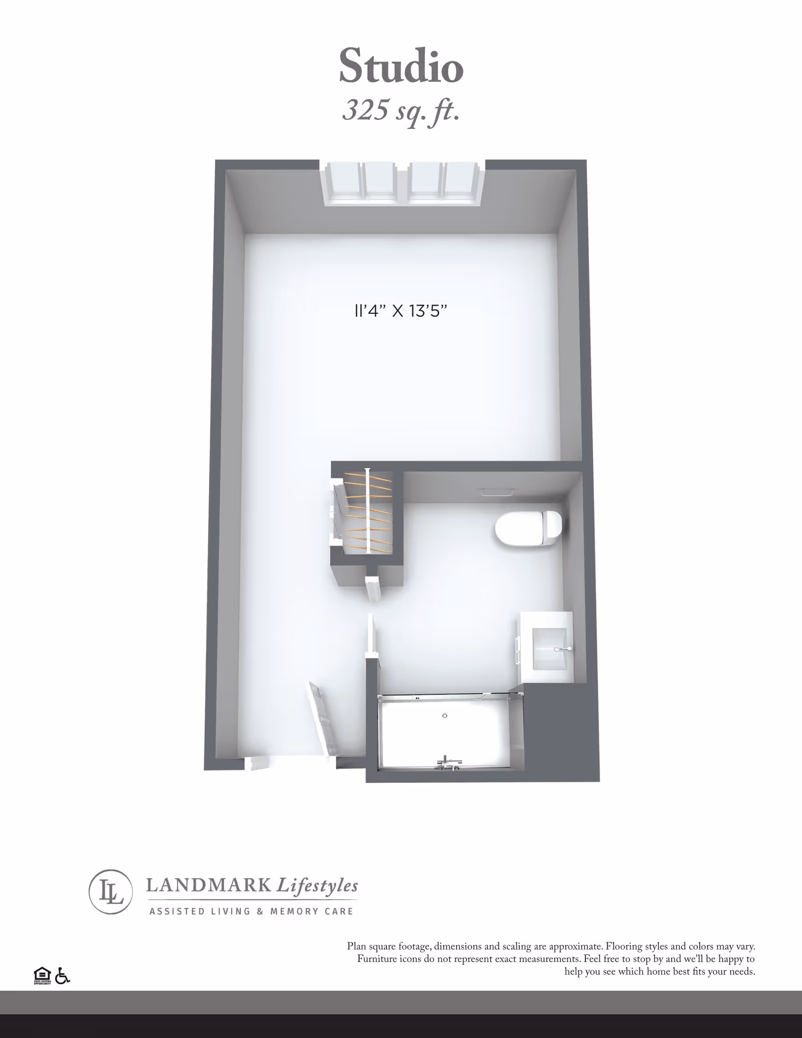 3D floor plan of a studio apartment measuring 325 square feet, showing a main living area of 11 feet 4 inches by 13 feet 5 inches, a bathroom with a toilet, sink, and shower, and a small closet near the entrance.