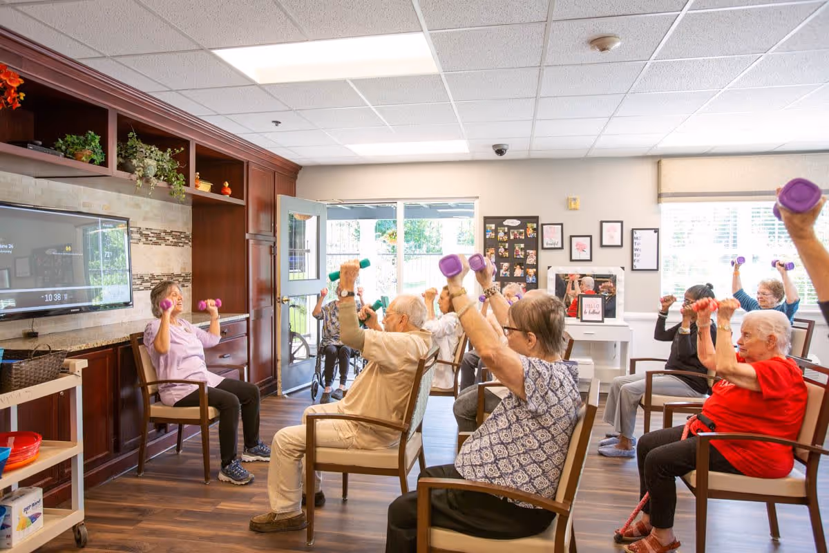 A group of elderly people seated in chairs in a bright room participating in a seated exercise class, lifting colorful dumbbells. The room has wooden flooring, a large window letting in natural light, a TV mounted on the wall, and a staff member leading the exercise.