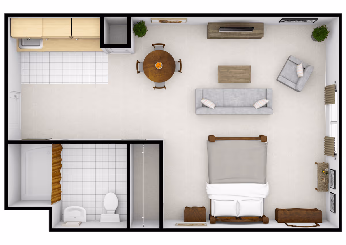 Top-down view of a studio apartment layout featuring a combined living and sleeping area with a bed, sofa, armchair, coffee table, round dining table with four chairs, and a kitchen area with cabinets and a sink. There is also a bathroom with a shower, toilet, and sink.