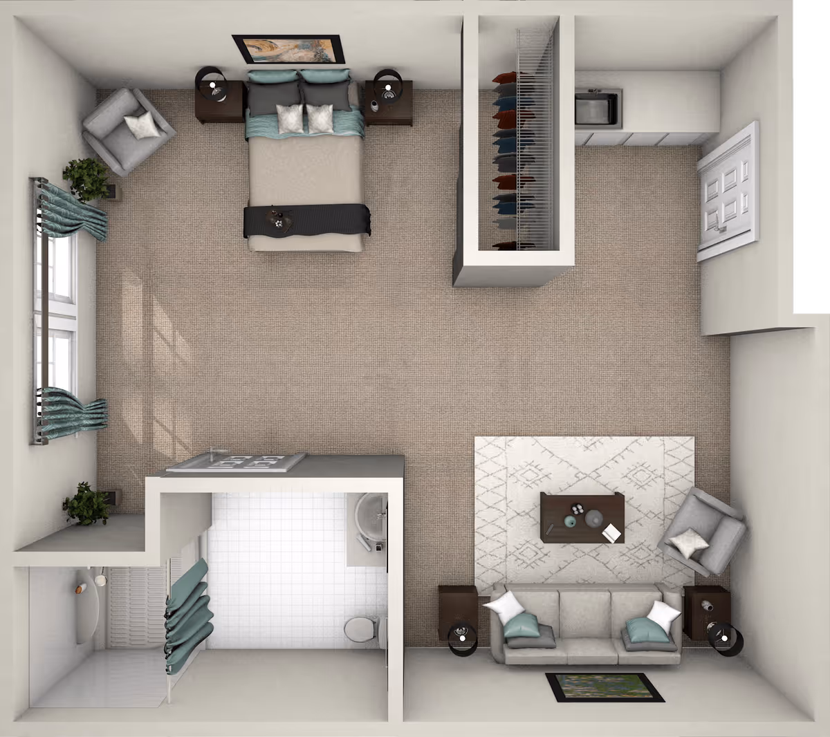 Top-down view of a studio apartment layout featuring a bedroom area with a double bed, two nightstands, and an armchair near a window with curtains. Adjacent to the bedroom is a walk-in closet with hanging clothes. The living area includes a sofa, coffee table, armchair, two side tables with lamps, and a rug. There is a small kitchenette with a sink and cabinets near the entrance door. A bathroom with a shower, toilet, and sink is located next to the bedroom.