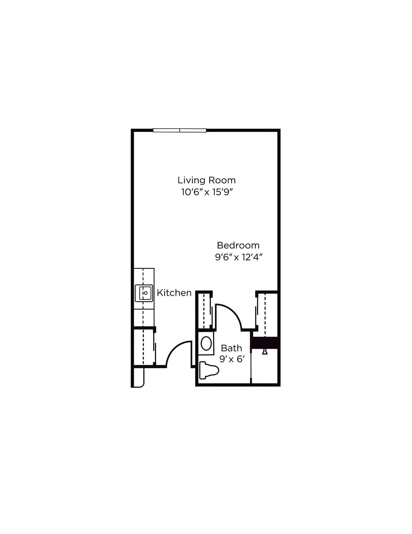 Floor plan layout of a living space showing a living room measuring 10 feet 6 inches by 15 feet 9 inches, a bedroom measuring 9 feet 6 inches by 12 feet 4 inches, a kitchen area, and a bathroom measuring 9 feet by 6 feet.