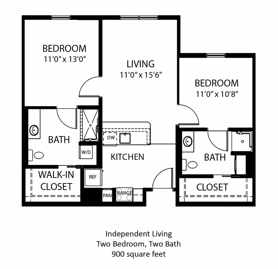 Floor plan of an independent living unit at The Wellington at Dayton showing two bedrooms, two bathrooms, a living area, kitchen, walk-in closet, and closet. The total area is 900 square feet.