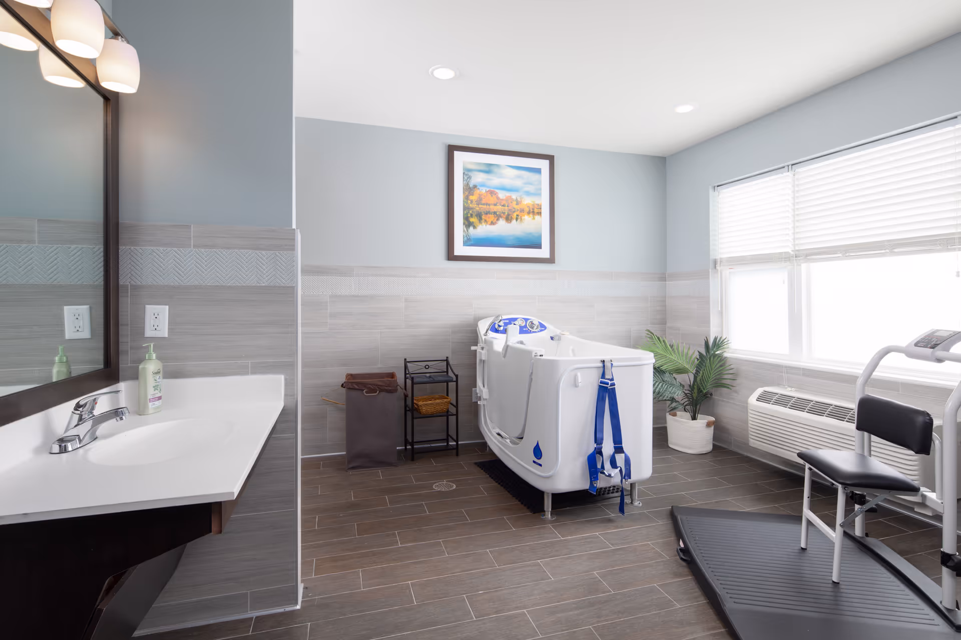 A bright and clean bathroom featuring a white sink with a mirror and soap dispenser on the left, a walk-in bathtub with blue safety straps in the center, a small shelving unit with towels, a potted plant near a large window with blinds, and a black exercise machine on the right.