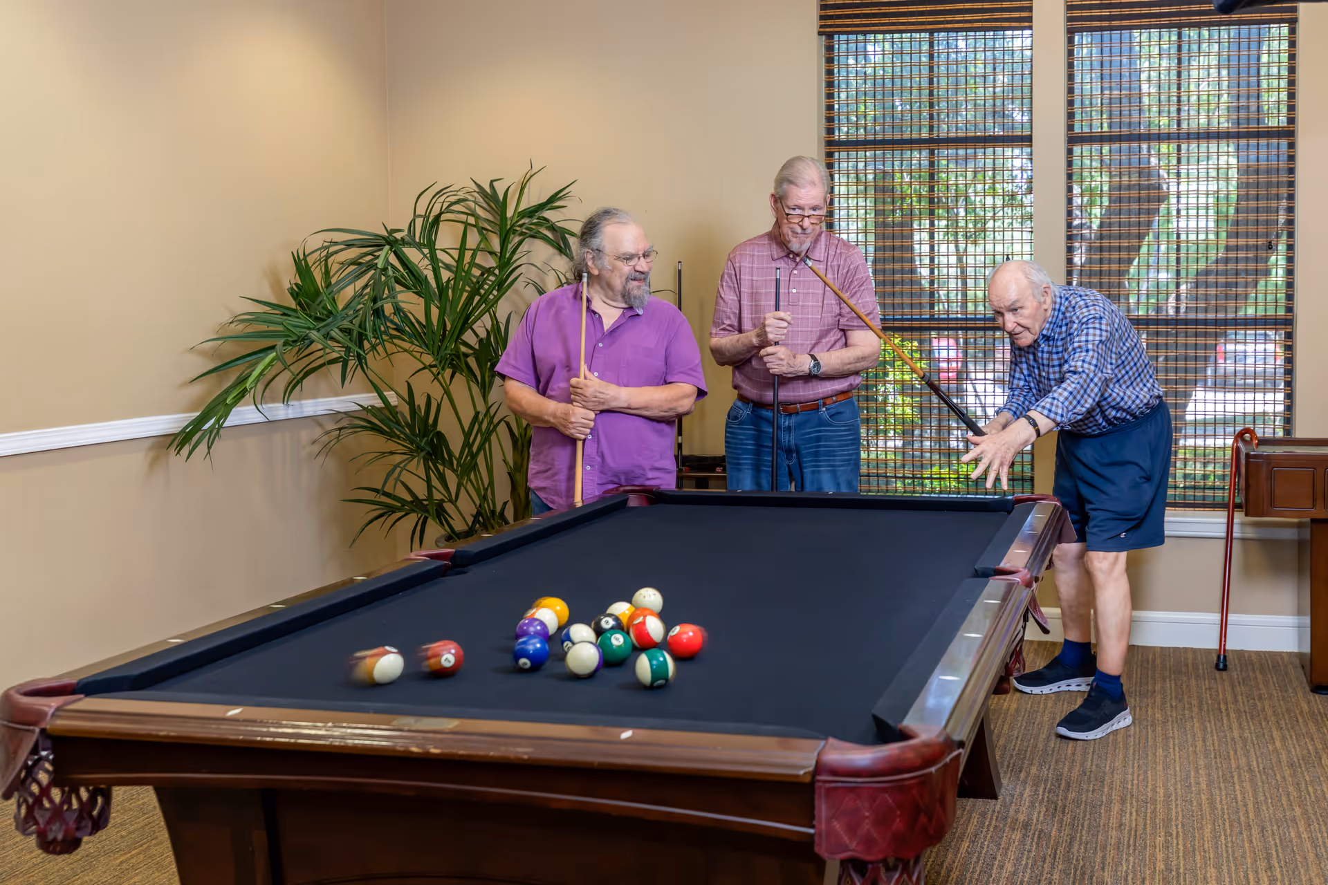 Three elderly men playing pool in a well-lit room with a large window covered by bamboo blinds. One man is taking a shot while the other two watch and hold pool cues. There is a large green plant in the corner and a walking cane leaning against a small table near the window.